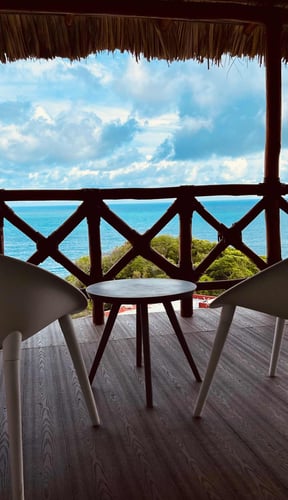 Bedroom with palapa roof and open ocean view